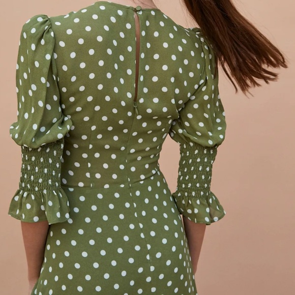 Reformation Carolena Polka Dot Midi Dress in Edamame Green - Picture 6 of 12
